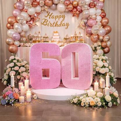 Scritta personalizzata FotoGrafica numero 60 glitter rosa per decorazione compleanno con arco di palloncini