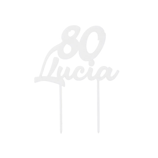Cake topper personalizzato FotoGrafica bianco con numero 80 e nome Lucia in corsivo per decorazione torta compleanno