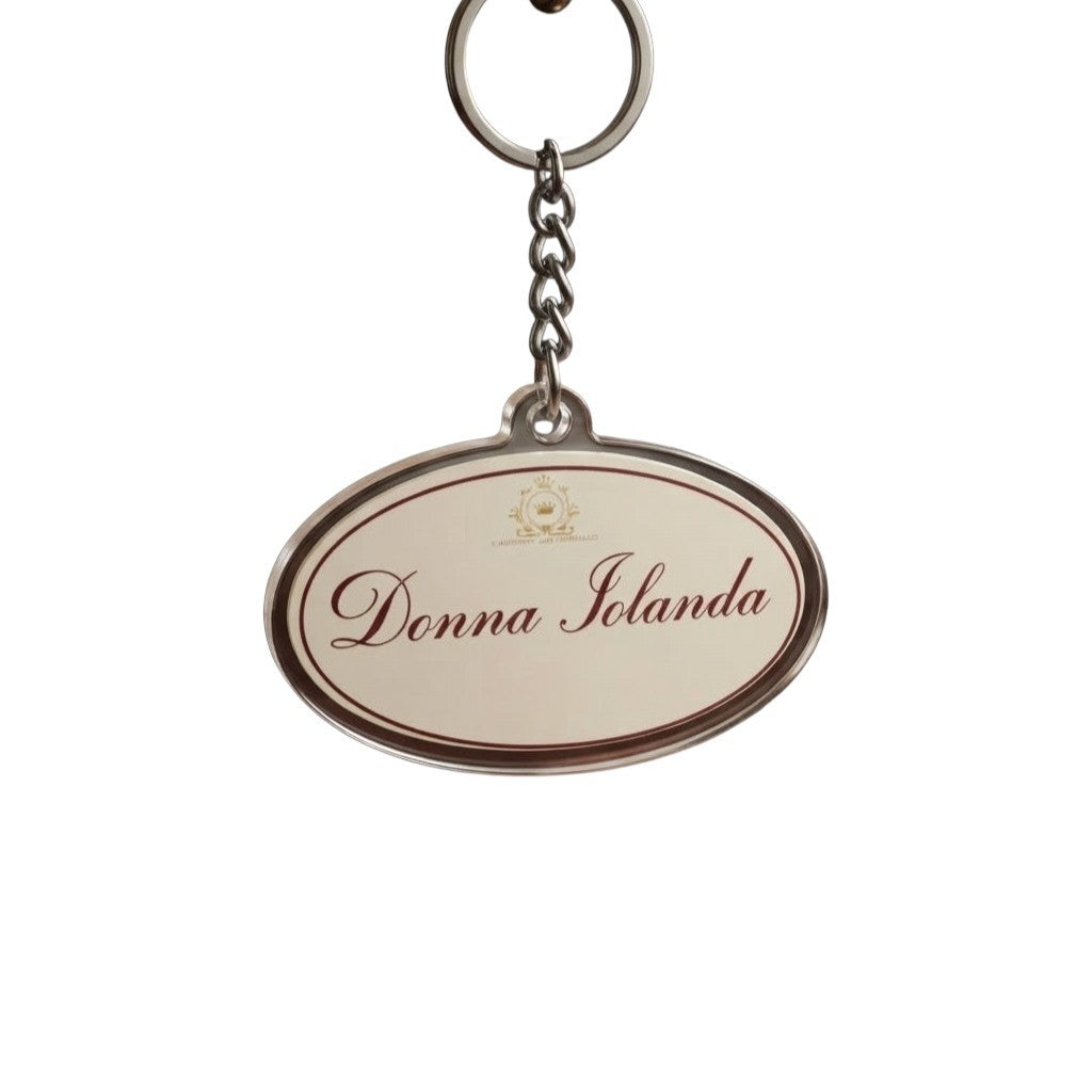 Portachiavi personalizzato FotoGrafica di forma ovale con scritta Donna Iolanda, elegante accessorio in metallo