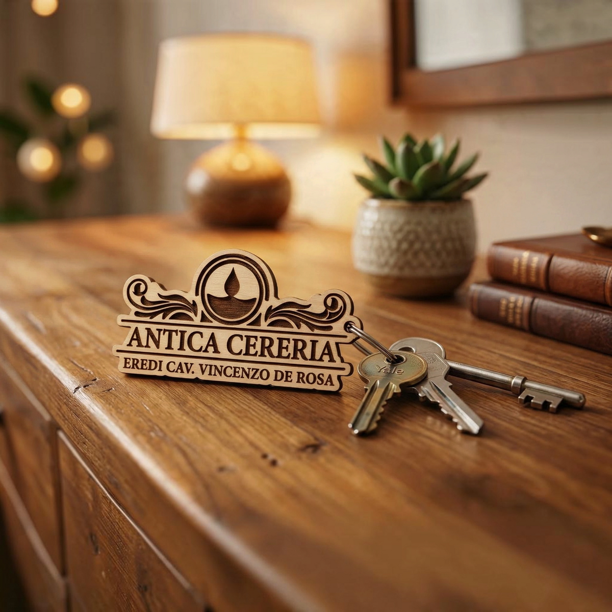 Portachiavi personalizzato in legno sagomato con incisione del brand FotoGrafica su un tavolo in legno